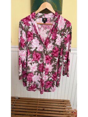 Floral JM Collection Womens 1X V-Neck Top Pink Green Print 3/4 Sleeves